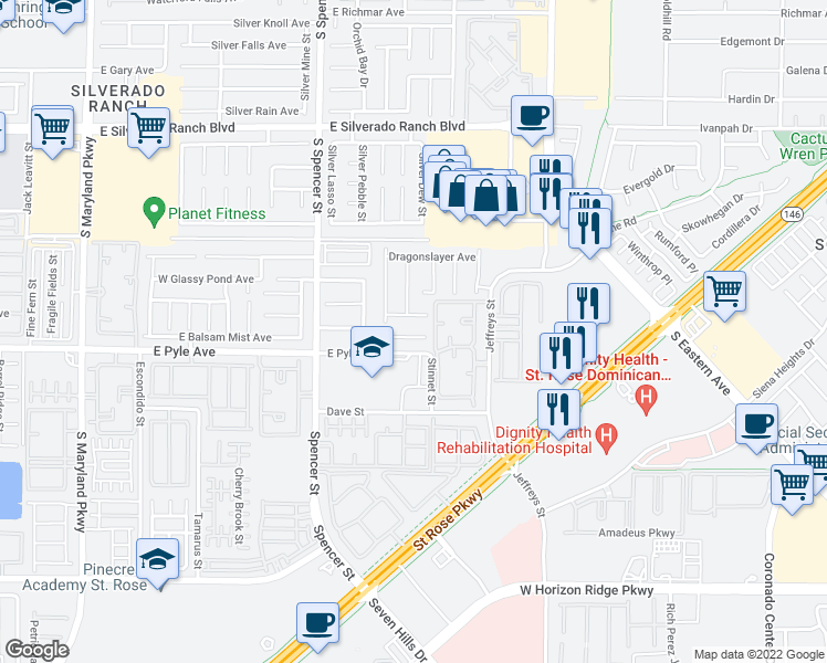 map of restaurants, bars, coffee shops, grocery stores, and more near 2054 Peacemaker Road in Las Vegas