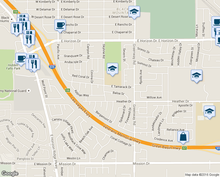 map of restaurants, bars, coffee shops, grocery stores, and more near 701 Skyline Road in Henderson