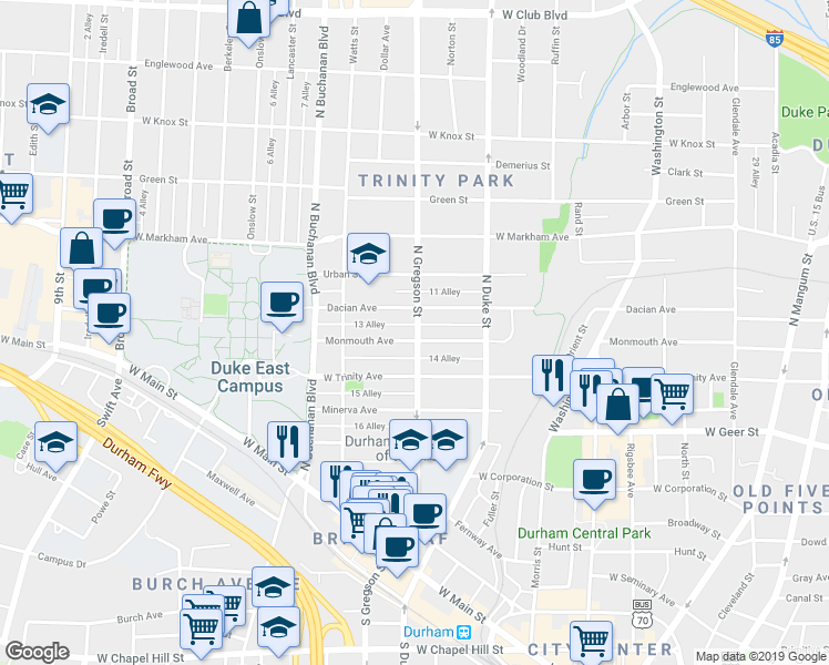 map of restaurants, bars, coffee shops, grocery stores, and more near 1007 Dacian Avenue in Durham