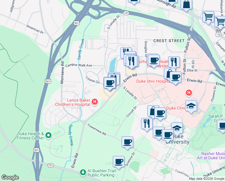map of restaurants, bars, coffee shops, grocery stores, and more near 2814 Erwin Road in Durham