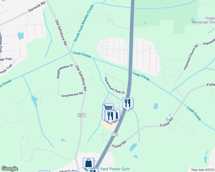 map of restaurants, bars, coffee shops, grocery stores, and more near 1652 Haversham Park Drive in Winston-Salem