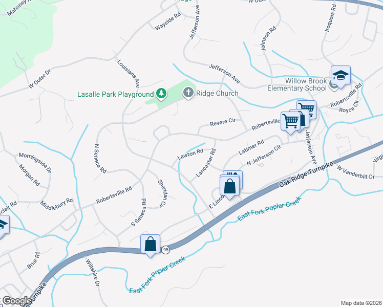 map of restaurants, bars, coffee shops, grocery stores, and more near 132 Lawton Road in Oak Ridge