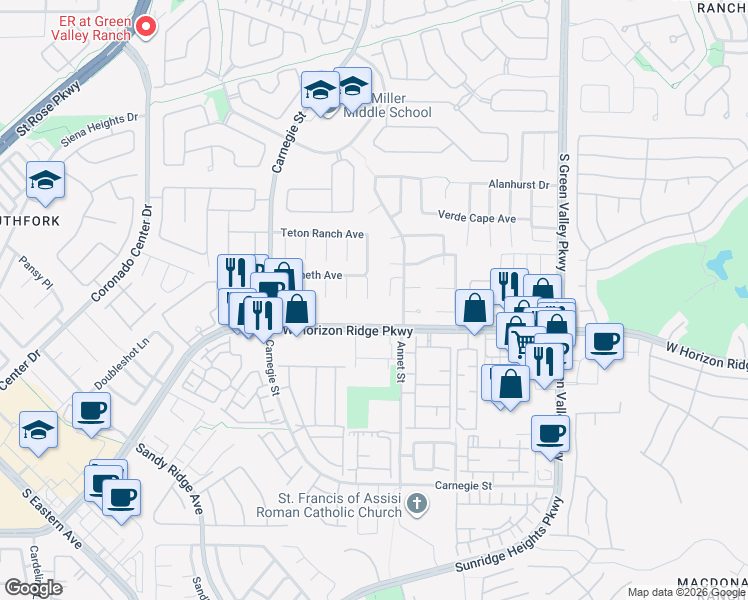 map of restaurants, bars, coffee shops, grocery stores, and more near 536 Copper View Street in Henderson