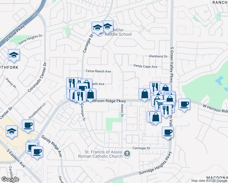 map of restaurants, bars, coffee shops, grocery stores, and more near 536 Copper View Street in Henderson