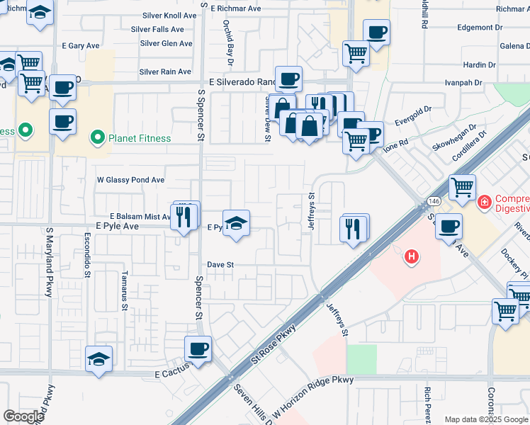 map of restaurants, bars, coffee shops, grocery stores, and more near 2062 Peacemaker Road in Las Vegas