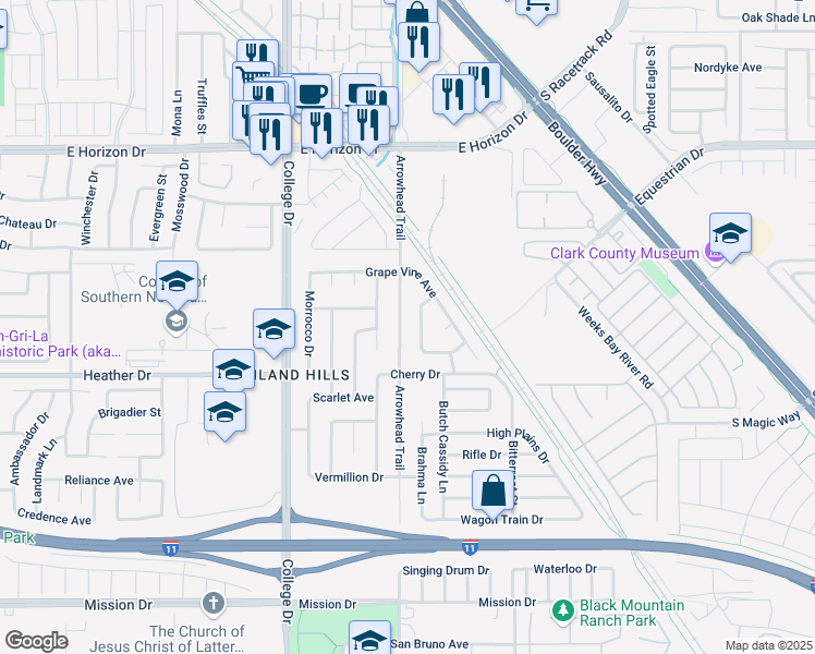 map of restaurants, bars, coffee shops, grocery stores, and more near 723 Arrowhead Trail in Henderson