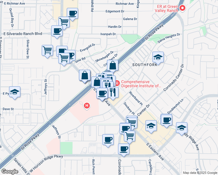 map of restaurants, bars, coffee shops, grocery stores, and more near 2875 St Rose Pkwy in Henderson