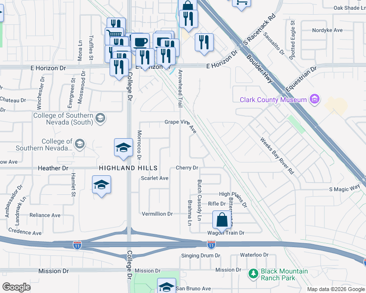 map of restaurants, bars, coffee shops, grocery stores, and more near 723 Arrowhead Trail in Henderson