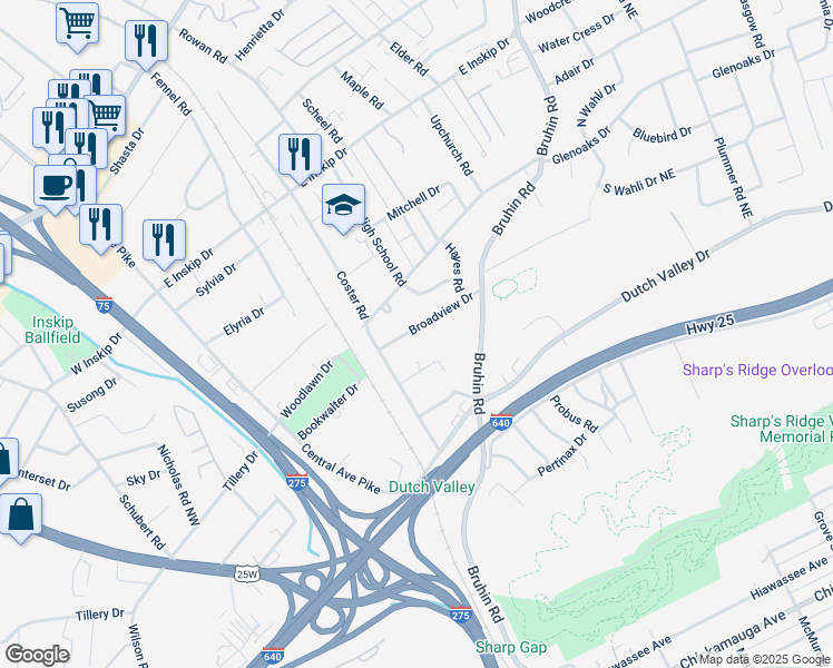 map of restaurants, bars, coffee shops, grocery stores, and more near 414 Broadview Drive in Knoxville
