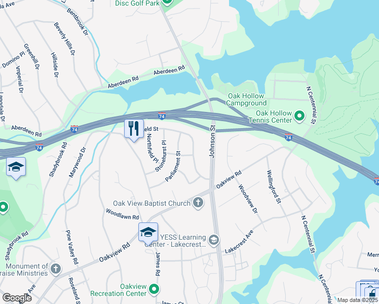 map of restaurants, bars, coffee shops, grocery stores, and more near 3622 Westfield Street in High Point