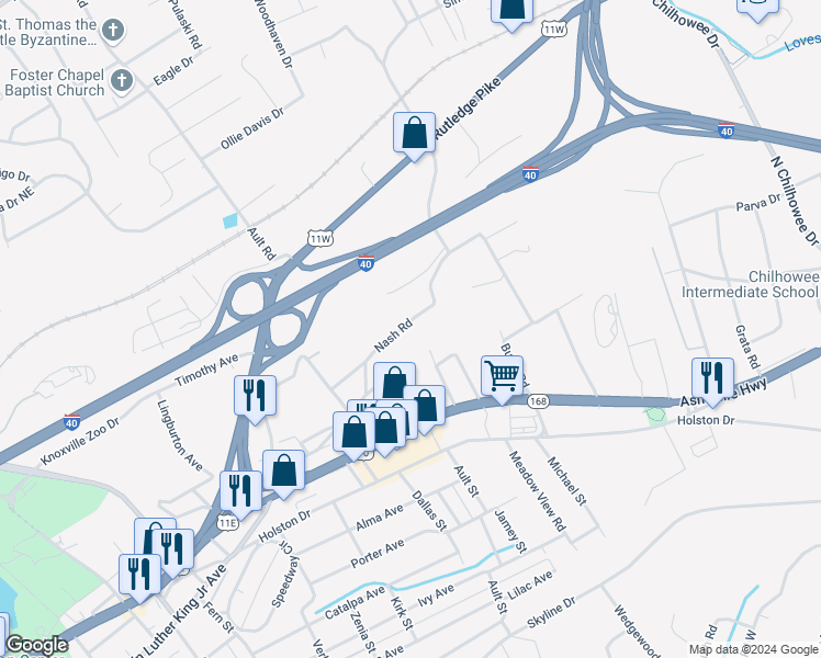 map of restaurants, bars, coffee shops, grocery stores, and more near 360 Nash Road in Knoxville