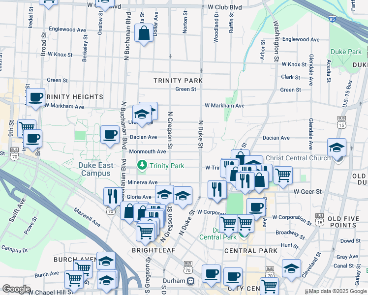 map of restaurants, bars, coffee shops, grocery stores, and more near 914 Monmouth Avenue in Durham