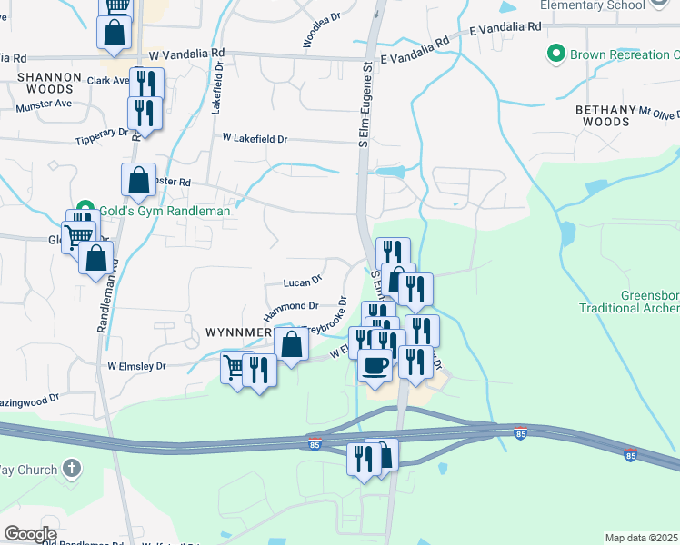map of restaurants, bars, coffee shops, grocery stores, and more near 107 Lasalle Way in Greensboro