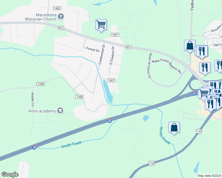 map of restaurants, bars, coffee shops, grocery stores, and more near 250 South Claybon Drive in Advance