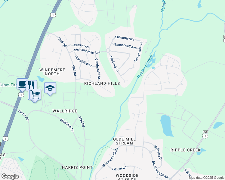 map of restaurants, bars, coffee shops, grocery stores, and more near 1008 Chamberwell Avenue in Wake Forest
