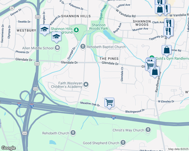 map of restaurants, bars, coffee shops, grocery stores, and more near 4421 Rehobeth Church Road in Greensboro