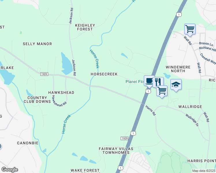 map of restaurants, bars, coffee shops, grocery stores, and more near 2120 Purnell Road in Wake Forest