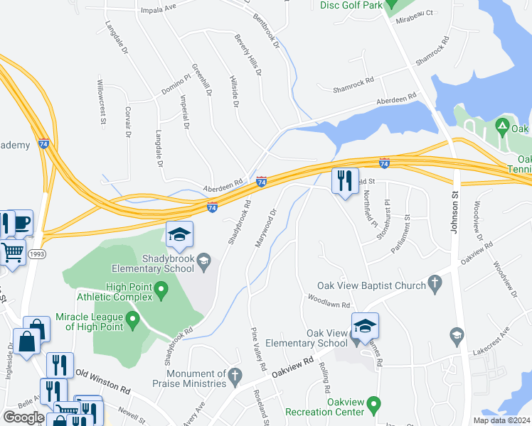 map of restaurants, bars, coffee shops, grocery stores, and more near 129 Marywood Drive in High Point