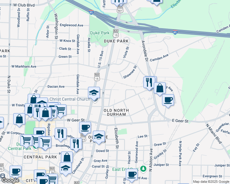 map of restaurants, bars, coffee shops, grocery stores, and more near 204 East Lynch Street in Durham