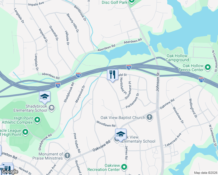map of restaurants, bars, coffee shops, grocery stores, and more near 3714 Rolling Road in High Point