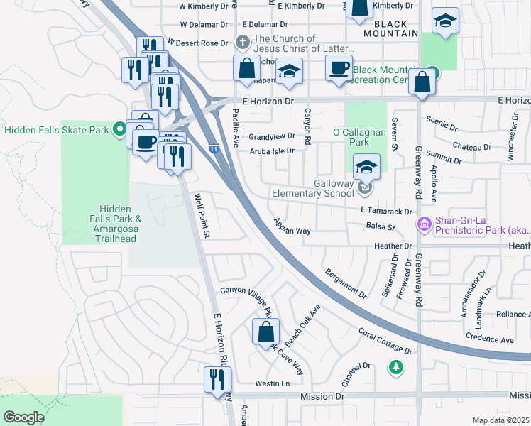 map of restaurants, bars, coffee shops, grocery stores, and more near 104 Appian Way in Henderson