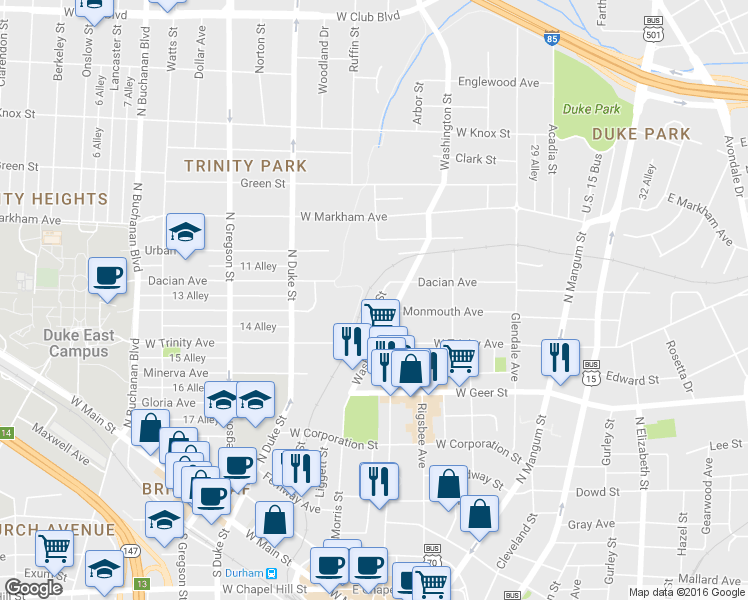 map of restaurants, bars, coffee shops, grocery stores, and more near 932 Orient Street in Durham