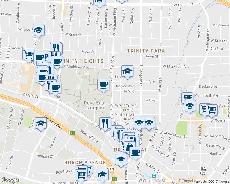 map of restaurants, bars, coffee shops, grocery stores, and more near 512 North Buchanan Boulevard in Durham
