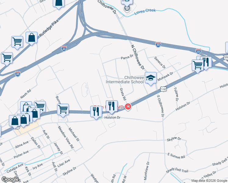 map of restaurants, bars, coffee shops, grocery stores, and more near 217 Grata Road in Knoxville