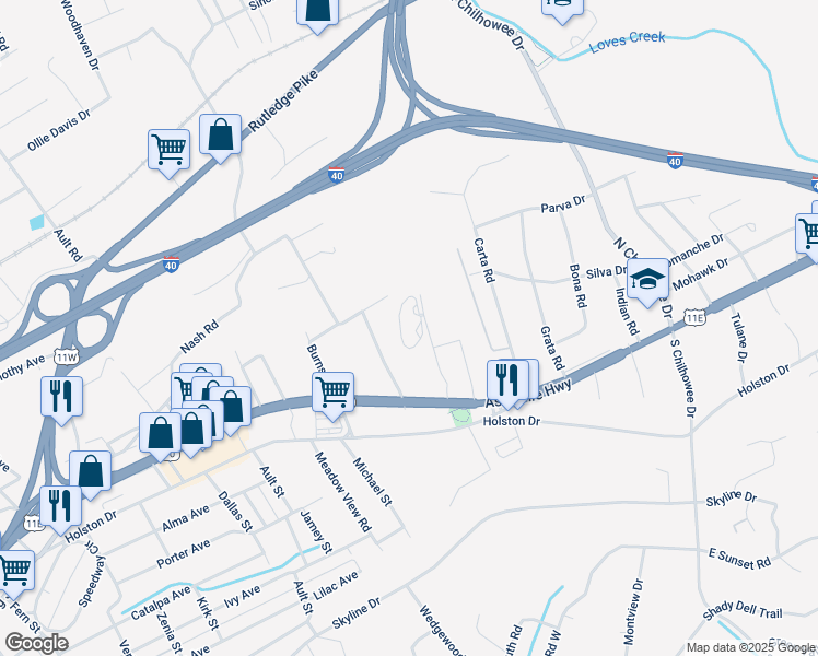 map of restaurants, bars, coffee shops, grocery stores, and more near 4611 Asheville Highway in Knoxville
