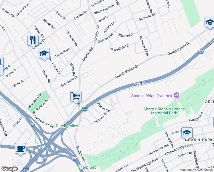 map of restaurants, bars, coffee shops, grocery stores, and more near 707 Dutch Valley Drive Northeast in Knoxville