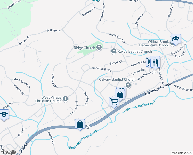 map of restaurants, bars, coffee shops, grocery stores, and more near 132 Lawton Road in Oak Ridge