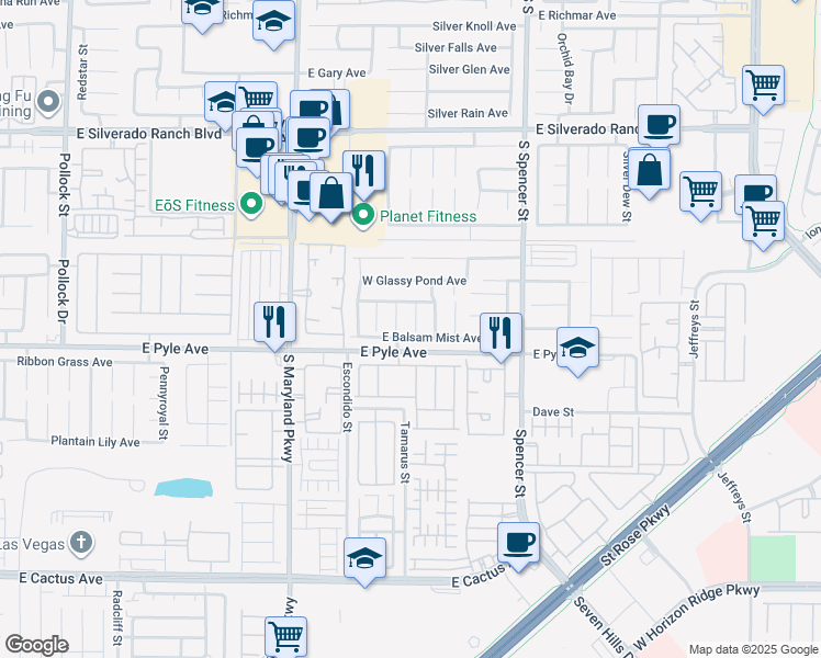map of restaurants, bars, coffee shops, grocery stores, and more near 10046 South Daybreak Dew Court in Las Vegas