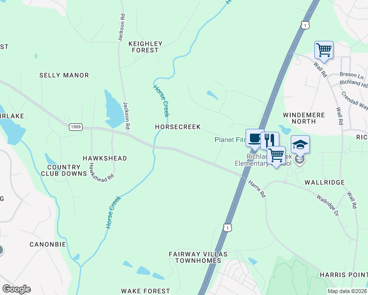 map of restaurants, bars, coffee shops, grocery stores, and more near 2120 Purnell Road in Wake Forest