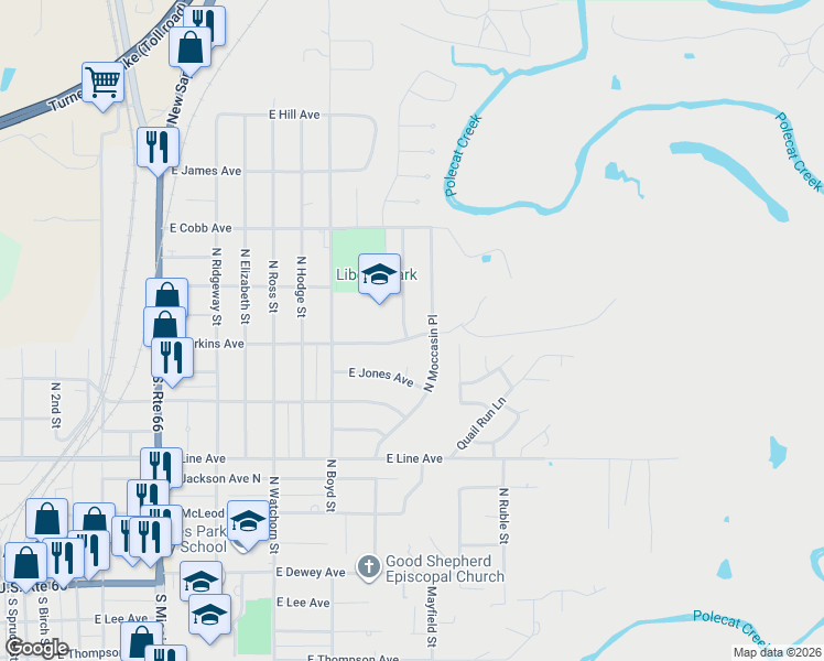 map of restaurants, bars, coffee shops, grocery stores, and more near 705 North Moccasin Street in Sapulpa