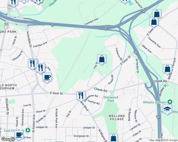 map of restaurants, bars, coffee shops, grocery stores, and more near 2011 Fay Street in Durham