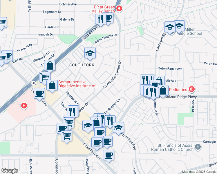 map of restaurants, bars, coffee shops, grocery stores, and more near 575 Dusty Palms Lane in Henderson