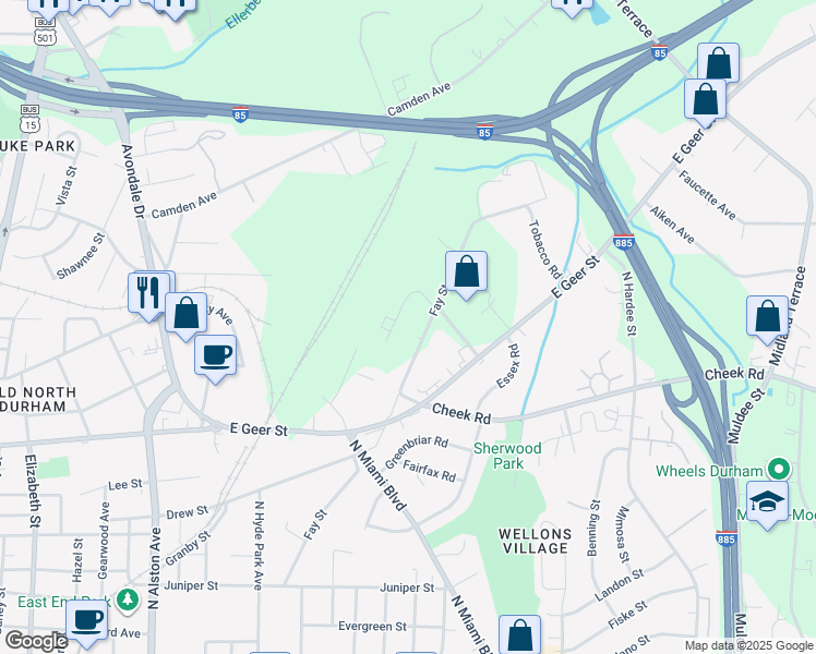 map of restaurants, bars, coffee shops, grocery stores, and more near 2011 Fay Street in Durham