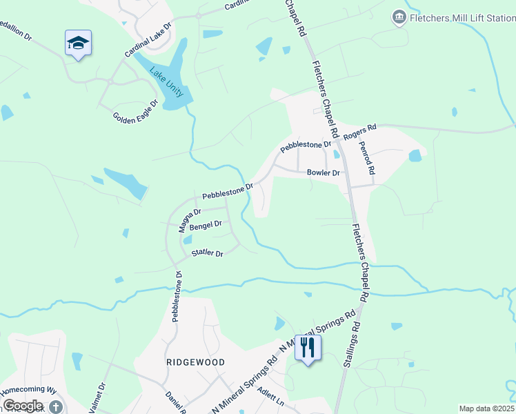 map of restaurants, bars, coffee shops, grocery stores, and more near 16 Redstone Court in Durham