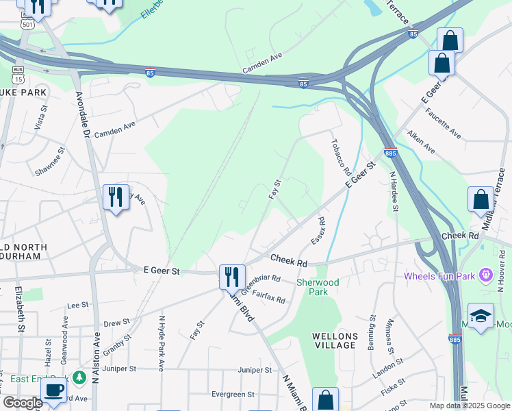 map of restaurants, bars, coffee shops, grocery stores, and more near 2011 Fay Street in Durham