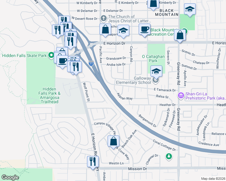 map of restaurants, bars, coffee shops, grocery stores, and more near 104 Appian Way in Henderson