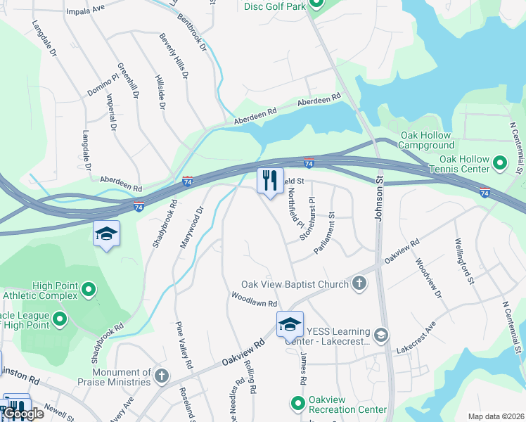map of restaurants, bars, coffee shops, grocery stores, and more near 3720 Rolling Road in High Point