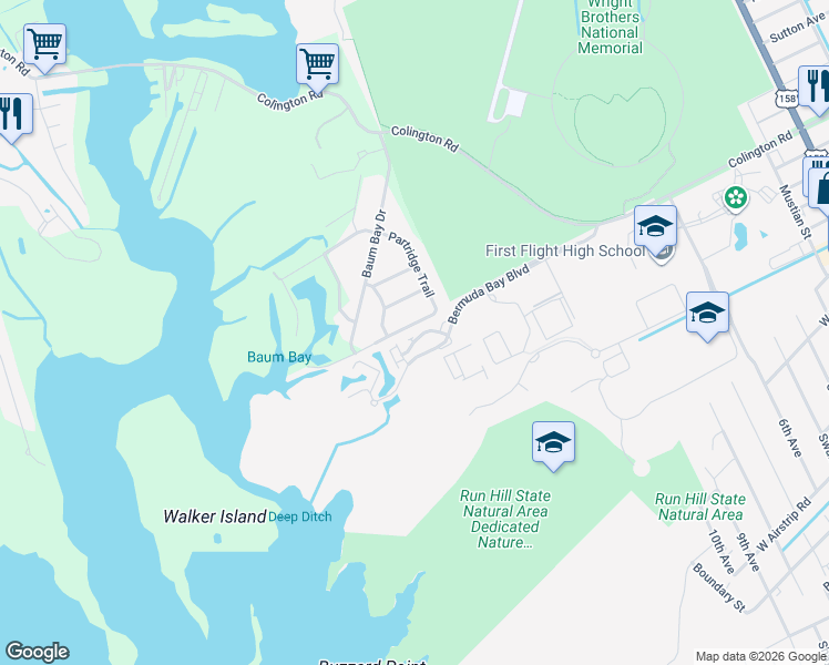 map of restaurants, bars, coffee shops, grocery stores, and more near 157 Pine Cone Rd in Kill Devil Hills