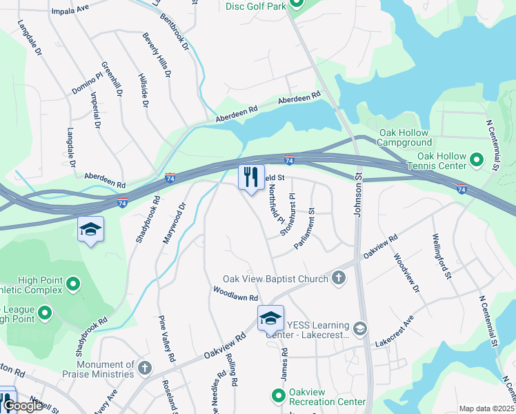 map of restaurants, bars, coffee shops, grocery stores, and more near 3613 Northfield Place in High Point