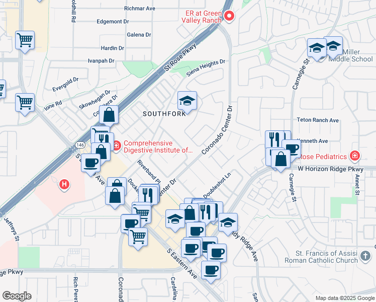 map of restaurants, bars, coffee shops, grocery stores, and more near 696 Pansy Place in Henderson