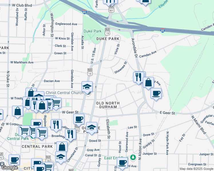 map of restaurants, bars, coffee shops, grocery stores, and more near 204 East Lynch Street in Durham