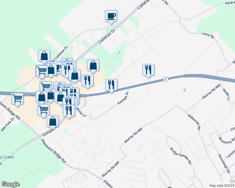 map of restaurants, bars, coffee shops, grocery stores, and more near 6515 Clinton Highway in Knoxville