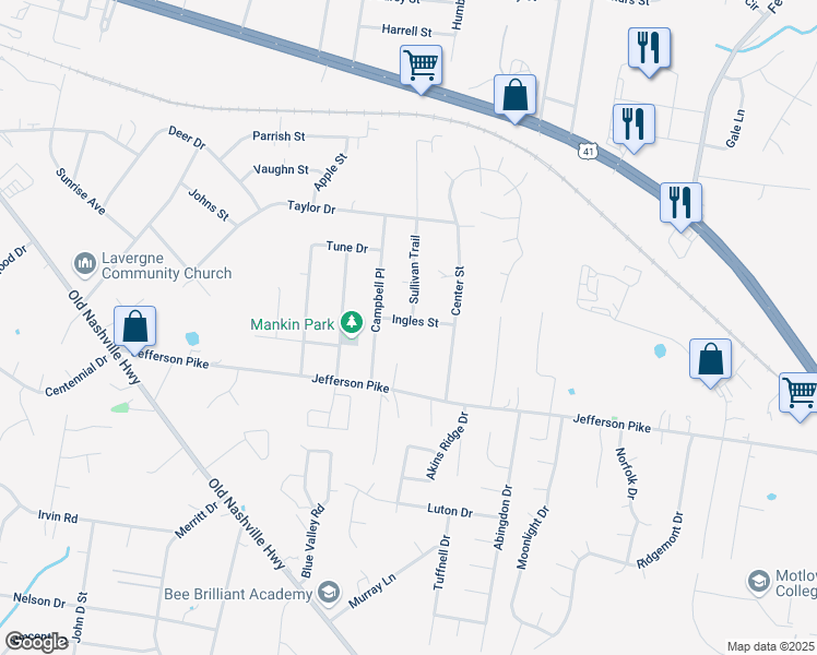 map of restaurants, bars, coffee shops, grocery stores, and more near 114 Ingles Street in La Vergne