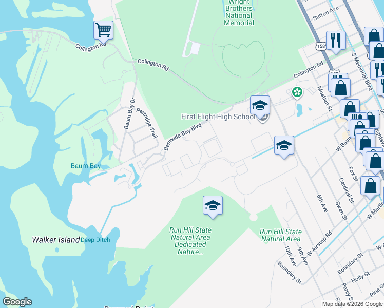 map of restaurants, bars, coffee shops, grocery stores, and more near 1109C Cambridge Road in Kill Devil Hills