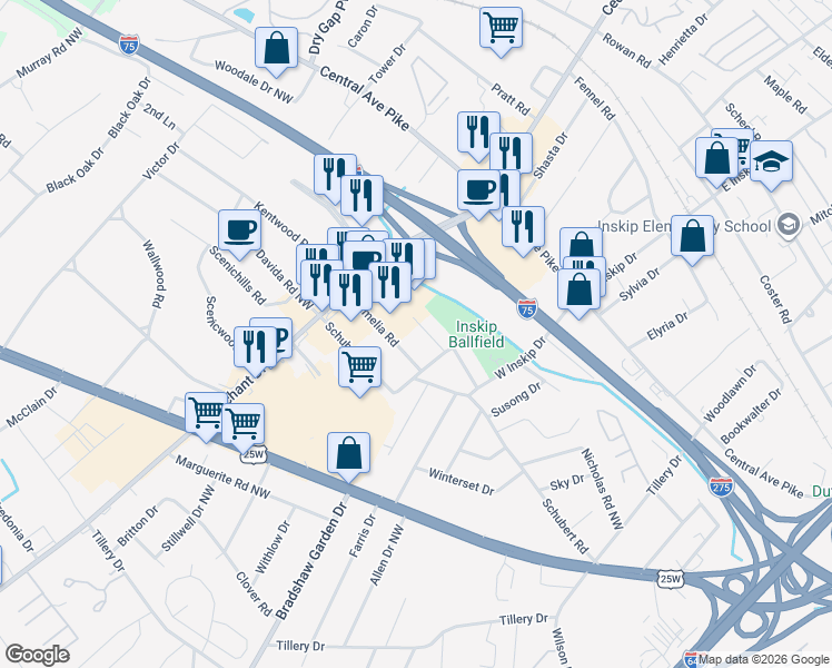 map of restaurants, bars, coffee shops, grocery stores, and more near 5116 Wilford Road in Knoxville