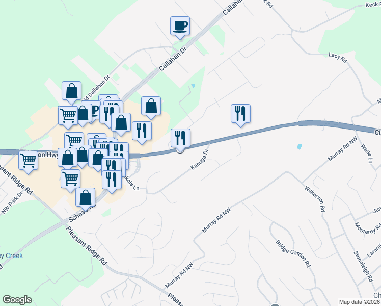 map of restaurants, bars, coffee shops, grocery stores, and more near 6515 Clinton Highway in Knoxville